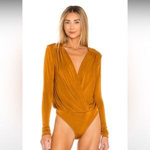 Free People Turnt Surplice-Neck Bodysuit Women's S orange Long Sleeves Pullover